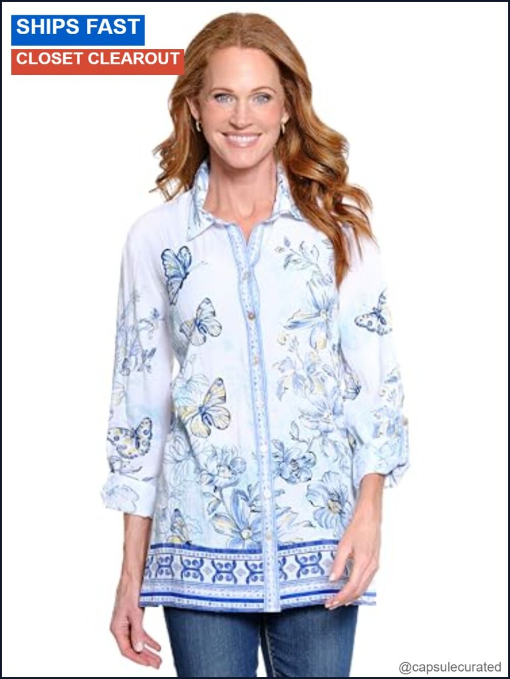 Embroidered Stripe Tunic Blouse with Roll Tab Sleeves